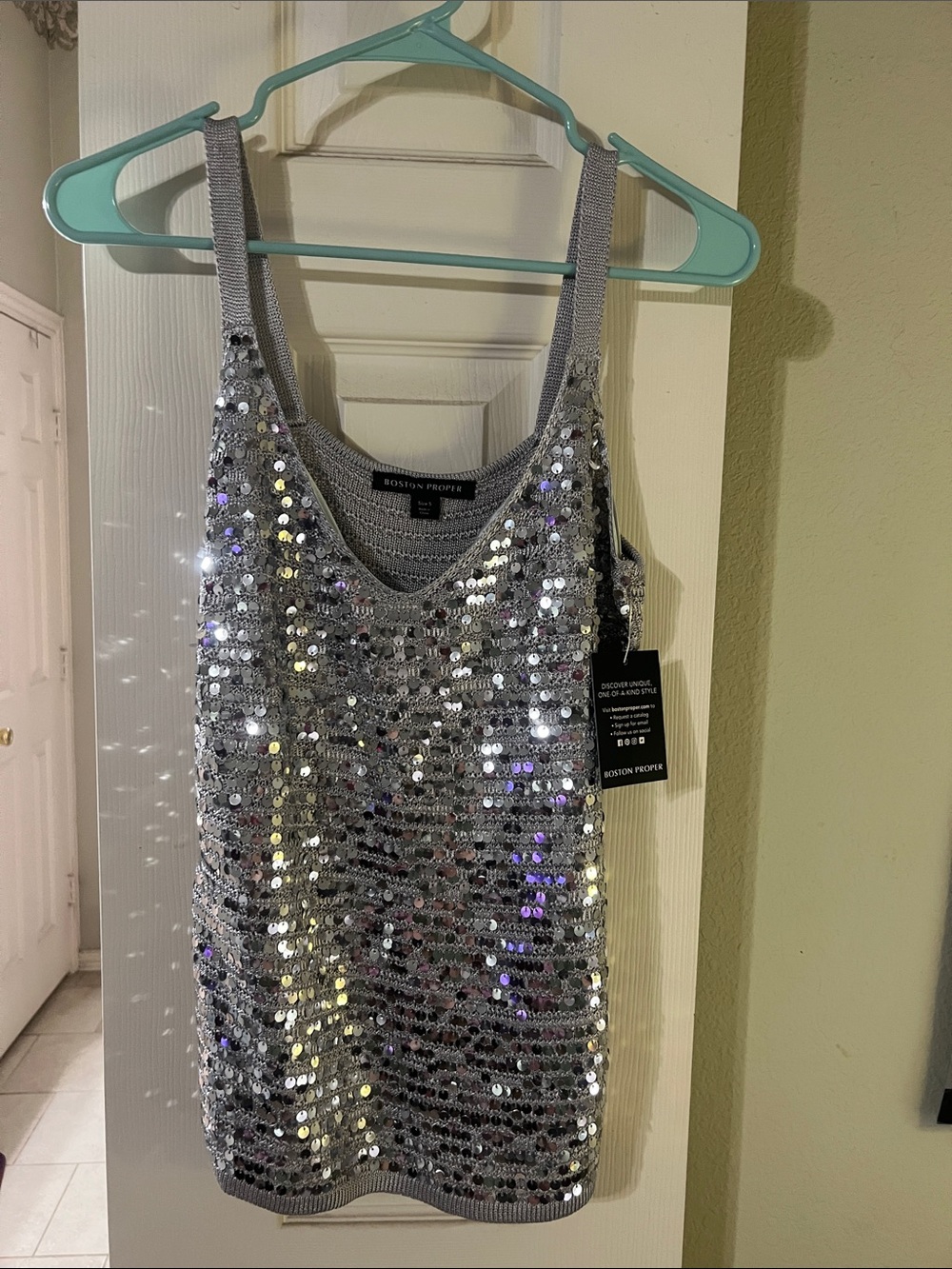 Boston Proper Silver Sequin V-Neck Tank